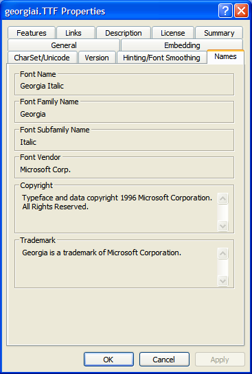 Font properties with Microsoft Font Extension installed